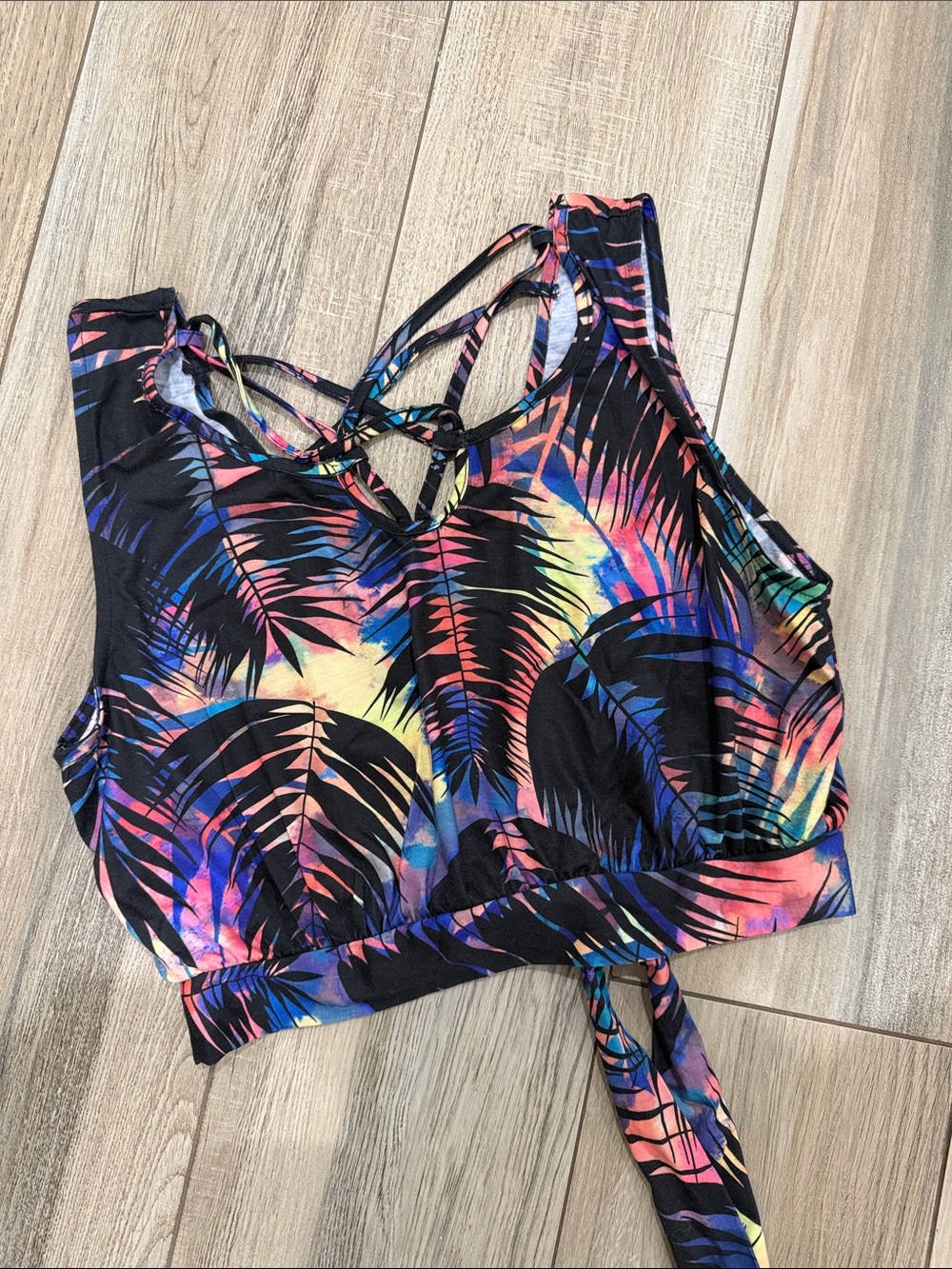 SHEIN Black Tropical Palm Strappy Crop Tank with Multicolor Tie